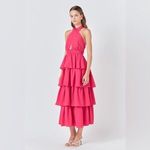 endless rose | Crossed Halter Neck Tiered Maxi Dress
Pink, Size M